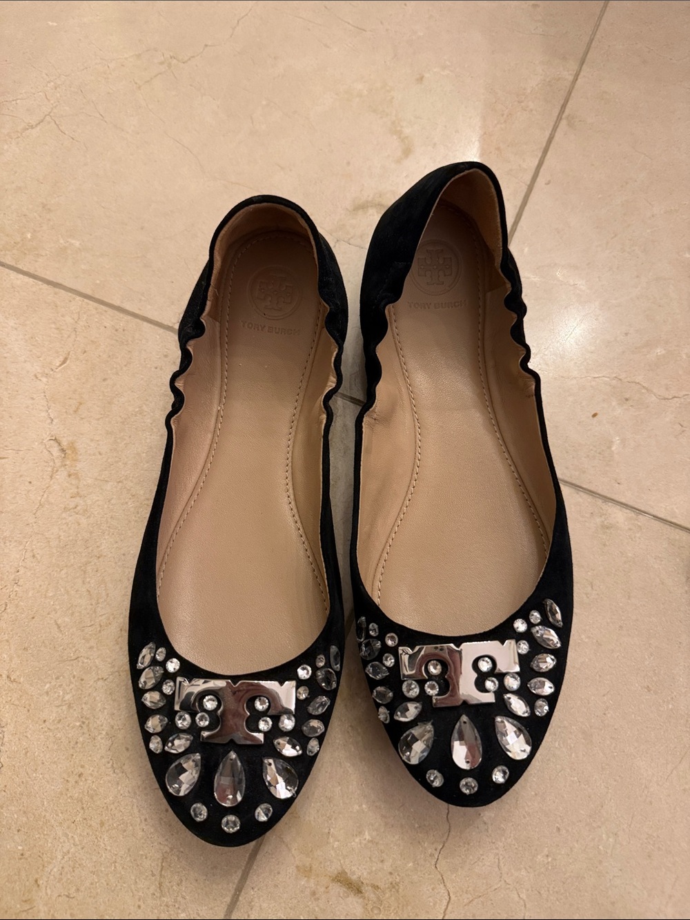 Tory Burch Black Suede Crystal-Embellished Ballet Flats